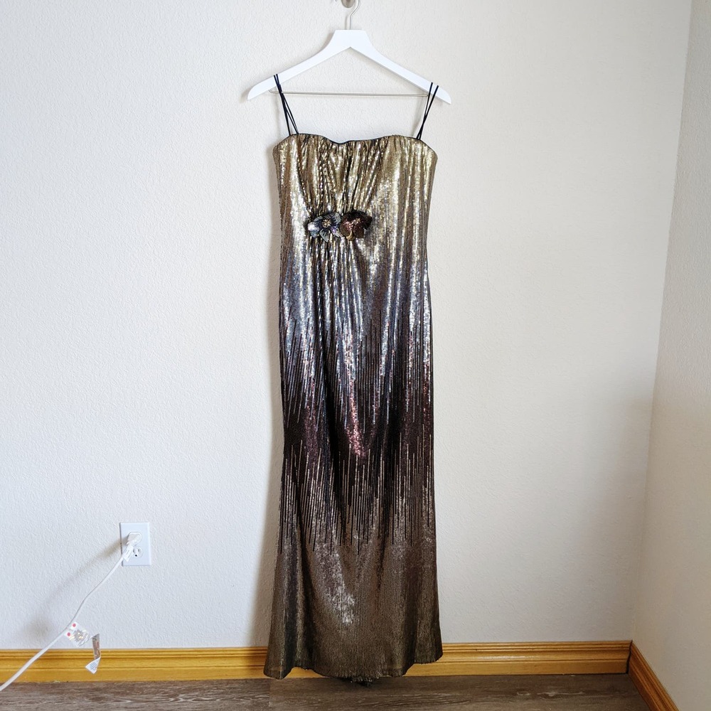 Badgley Mischka Bronze Sequined Strapless Gown sz 8